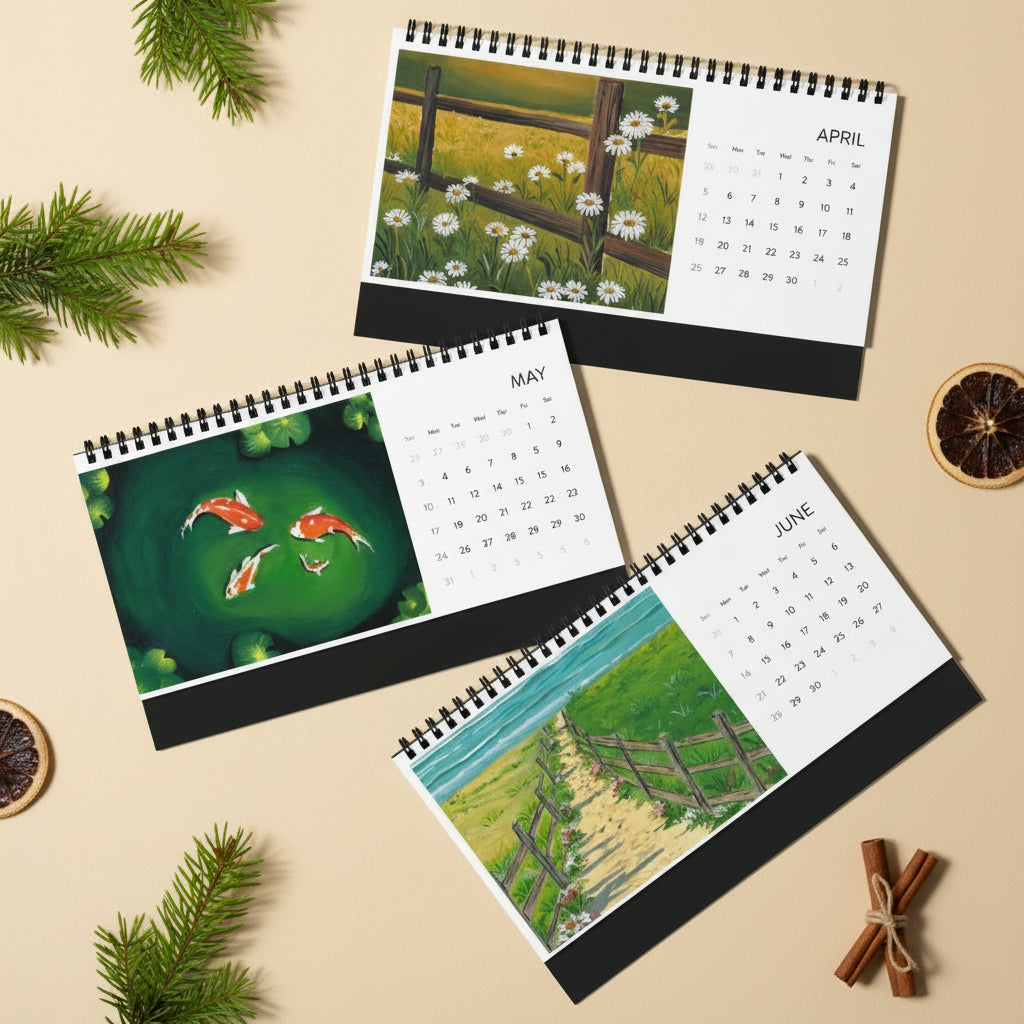 Three spiral-bound calendars showing April, May, and June on a gray surface.
