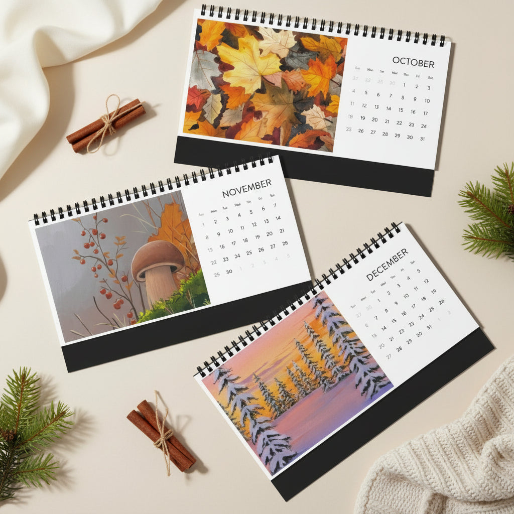 Three spiral-bound calendars for October, November, and December on a gray background.