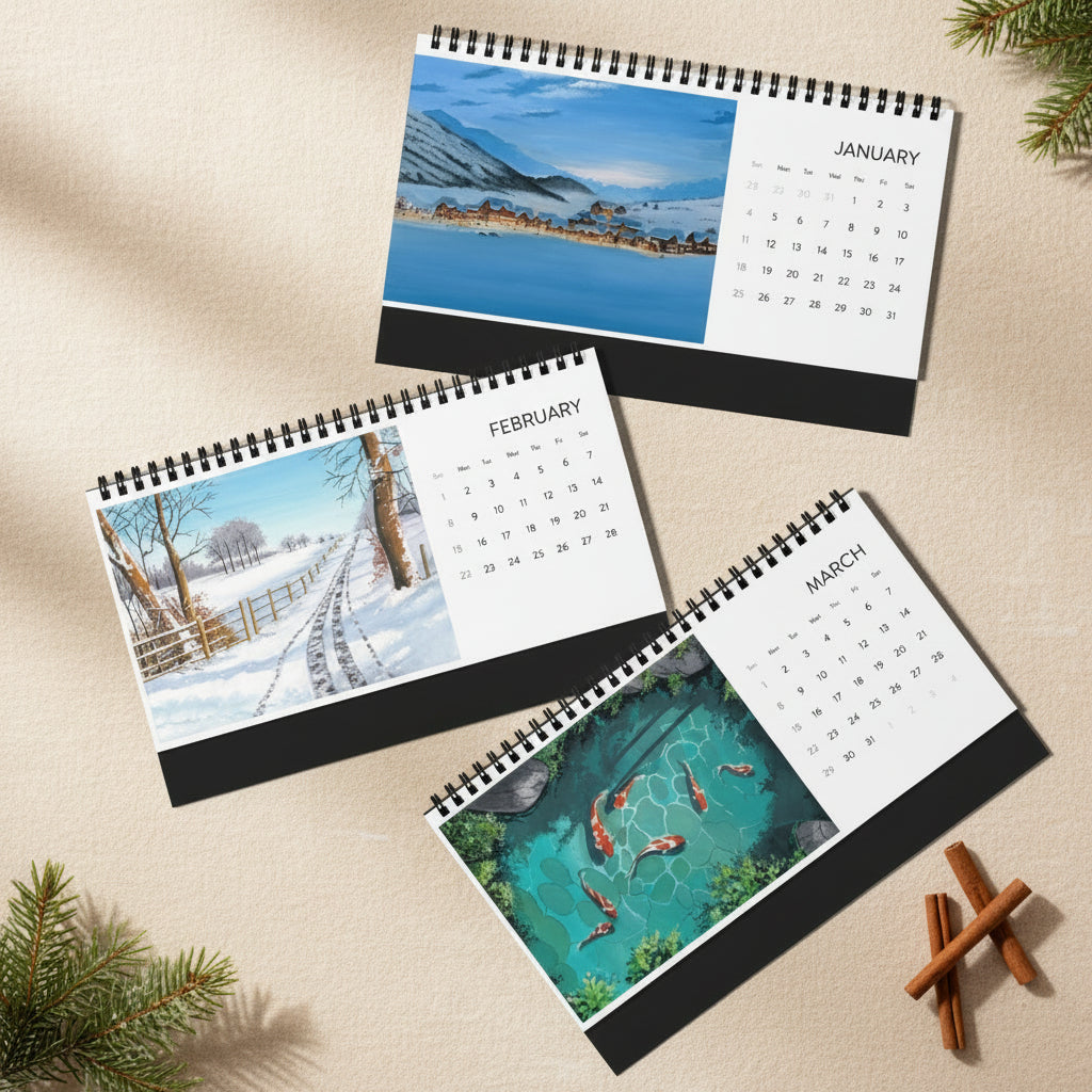 Three spiral-bound calendars for January, February, and March on a gray background.