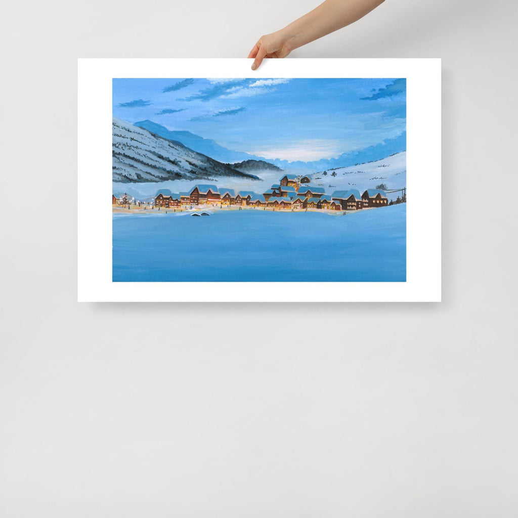 Winter Village Art Print • Snowy Valley Landscape • Glowing Houses Painting • Cozy Holiday Wall Decor  • Christmas Gift