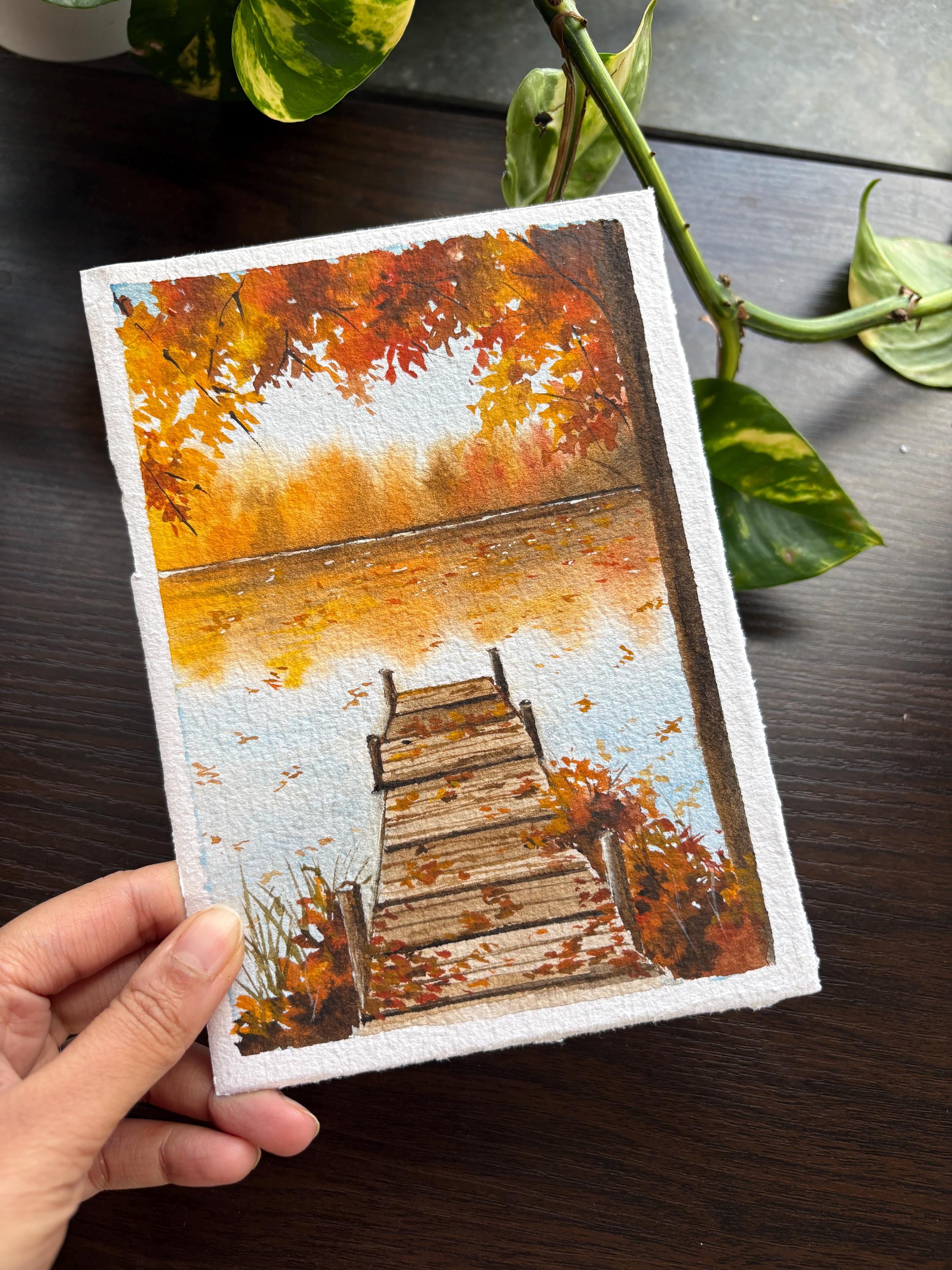 Original Watercolor Autumn Pier Painting • Lakeside Fall Art • Handmade Home decor • Holiday Gift