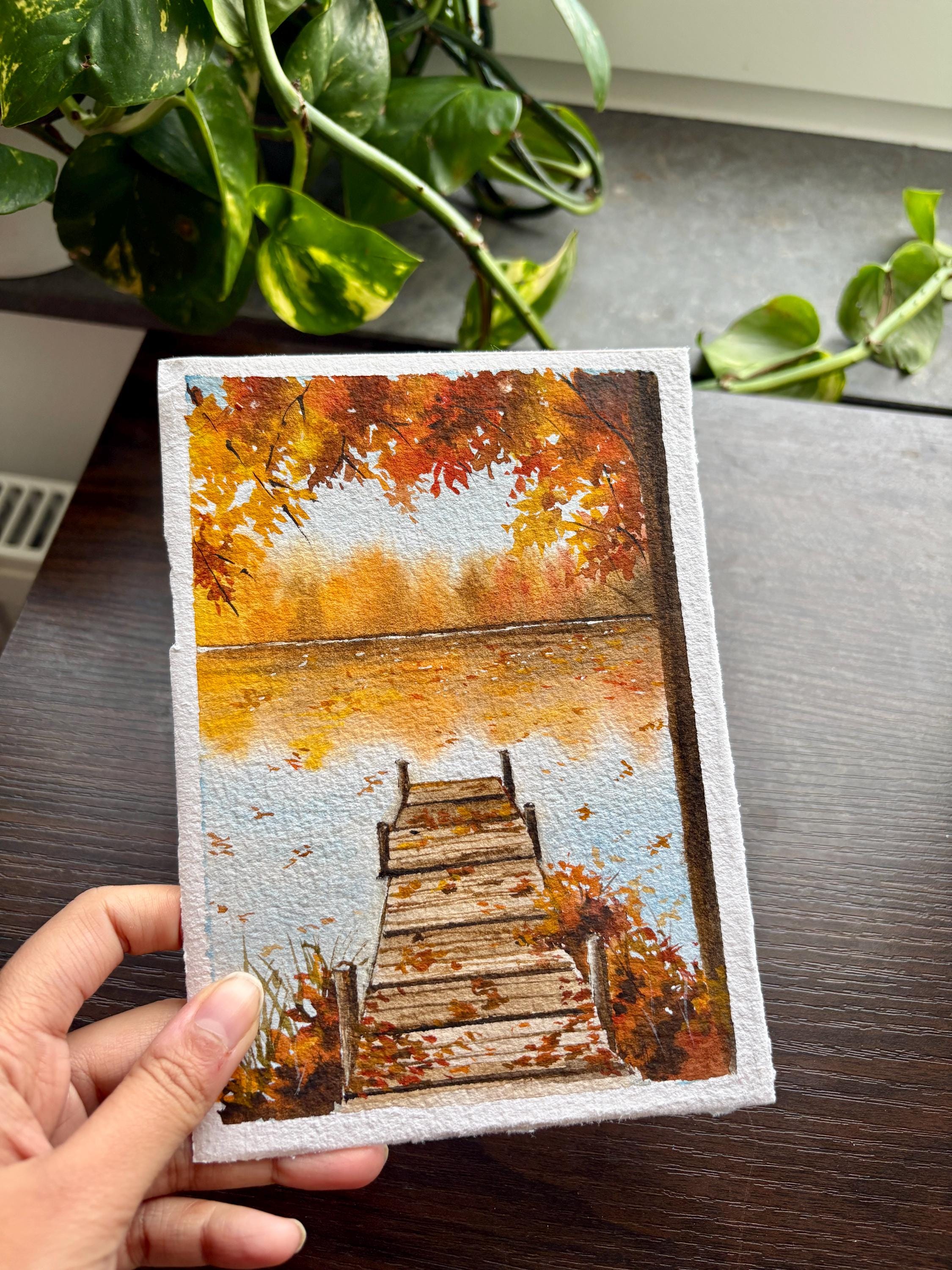 Original Watercolor Autumn Pier Painting • Lakeside Fall Art • Handmade Home decor • Holiday Gift