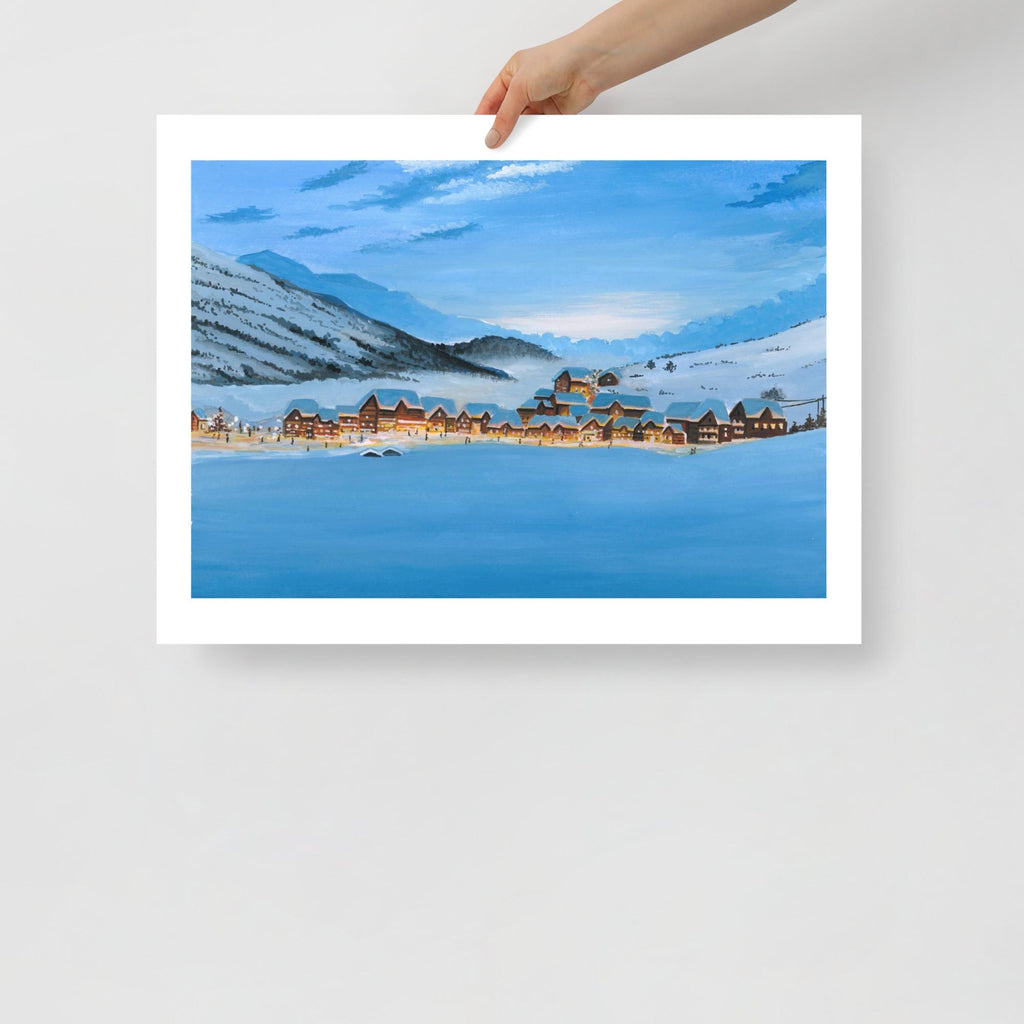 Winter Village Art Print • Snowy Valley Landscape • Glowing Houses Painting • Cozy Holiday Wall Decor  • Christmas Gift