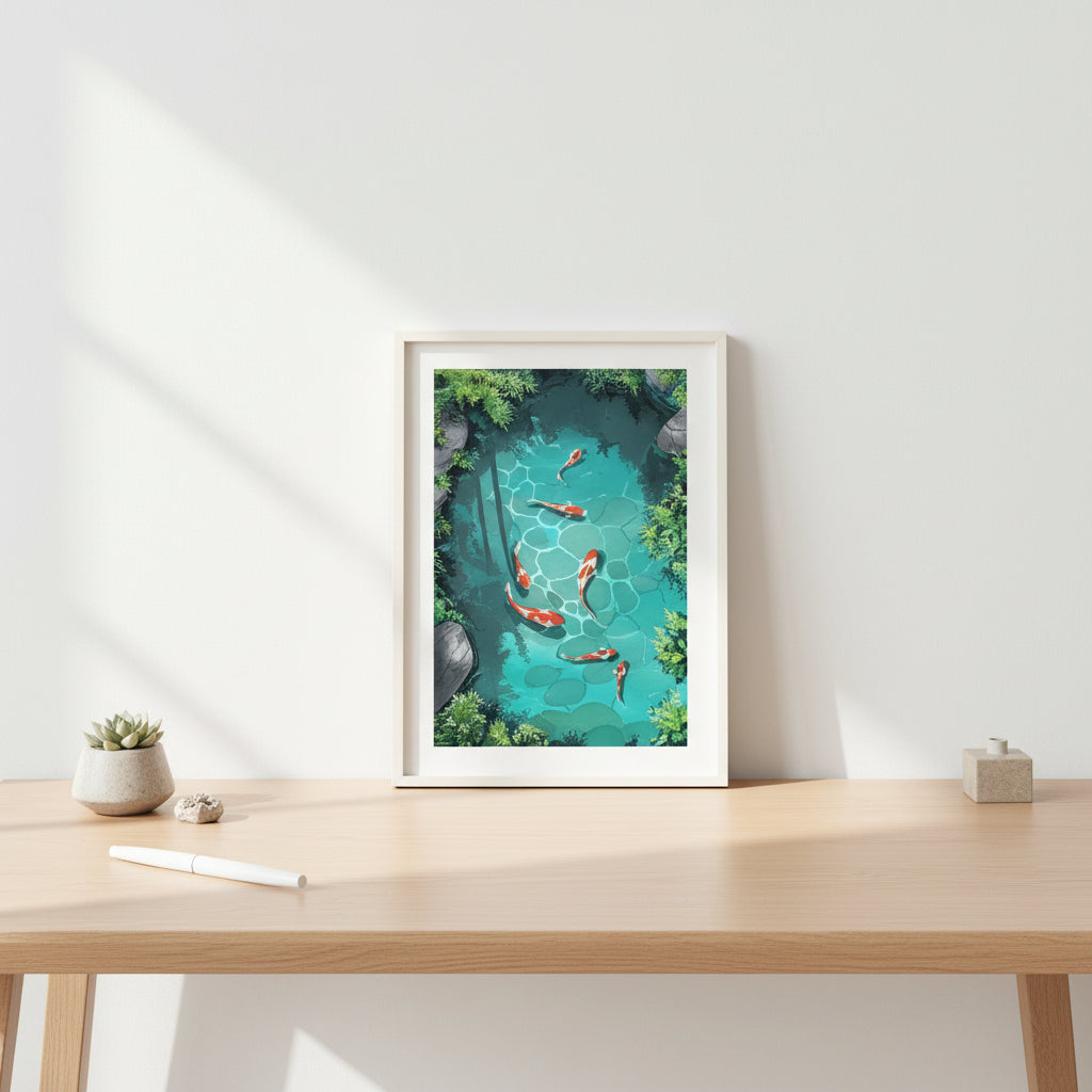 Koi Fish Pond Wall Art Print • Japanese Zen Decor • Serene Nature Illustration • Gouache Koi Painting • Peaceful Meditation Wall Art