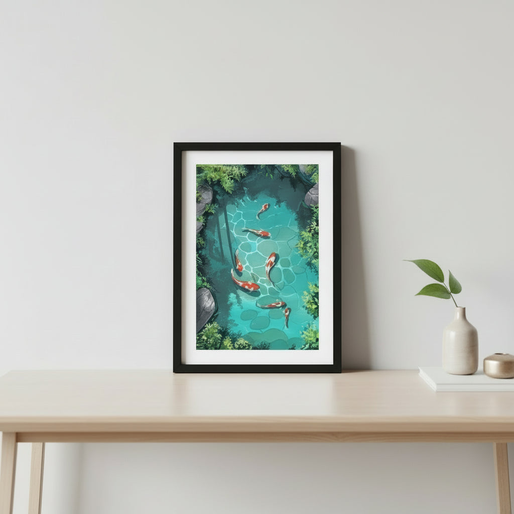 Koi Fish Pond Wall Art Print • Japanese Zen Decor • Serene Nature Illustration • Gouache Koi Painting • Peaceful Meditation Wall Art