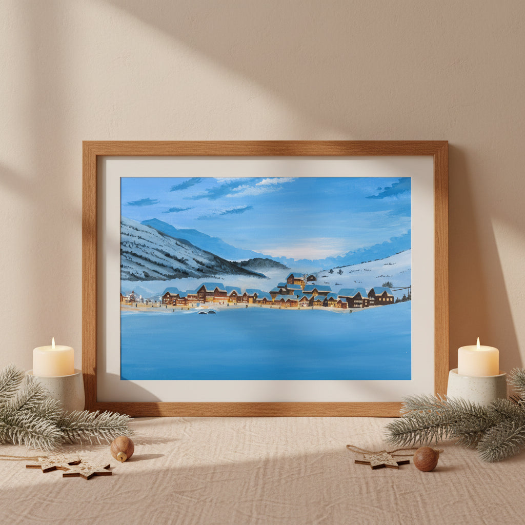Winter Village Art Print • Snowy Valley Landscape • Glowing Houses Painting • Cozy Holiday Wall Decor  • Christmas Gift