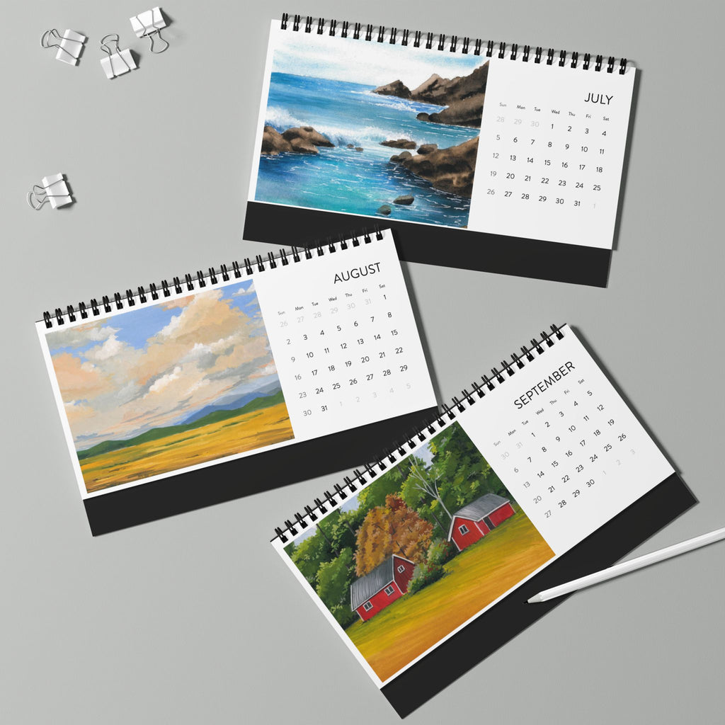 Nature Landscape Paintings Desktop Calendar 2026, Desk Calendar, Monthly Grid