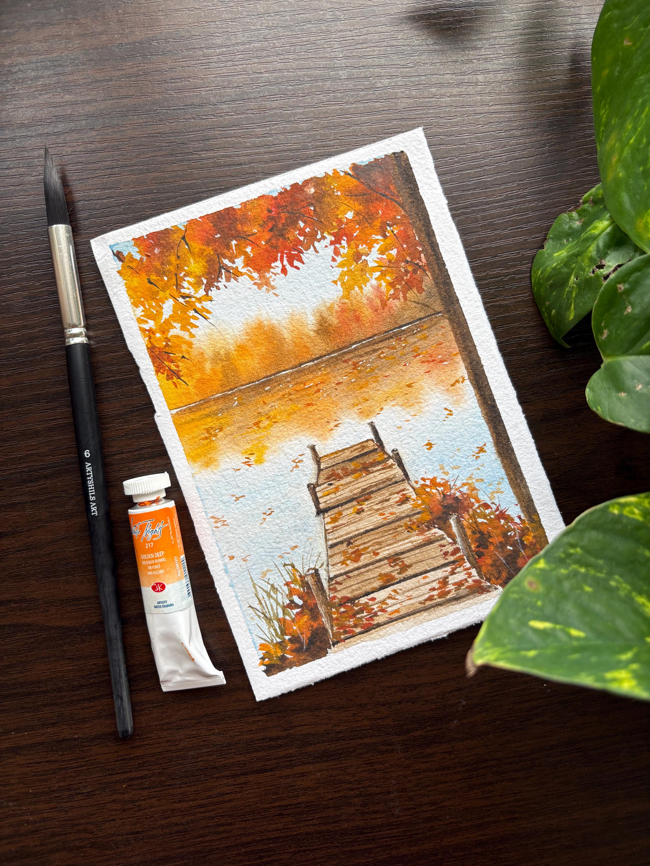 Original Watercolor Autumn Pier Painting • Lakeside Fall Art • Handmade Home decor • Holiday Gift