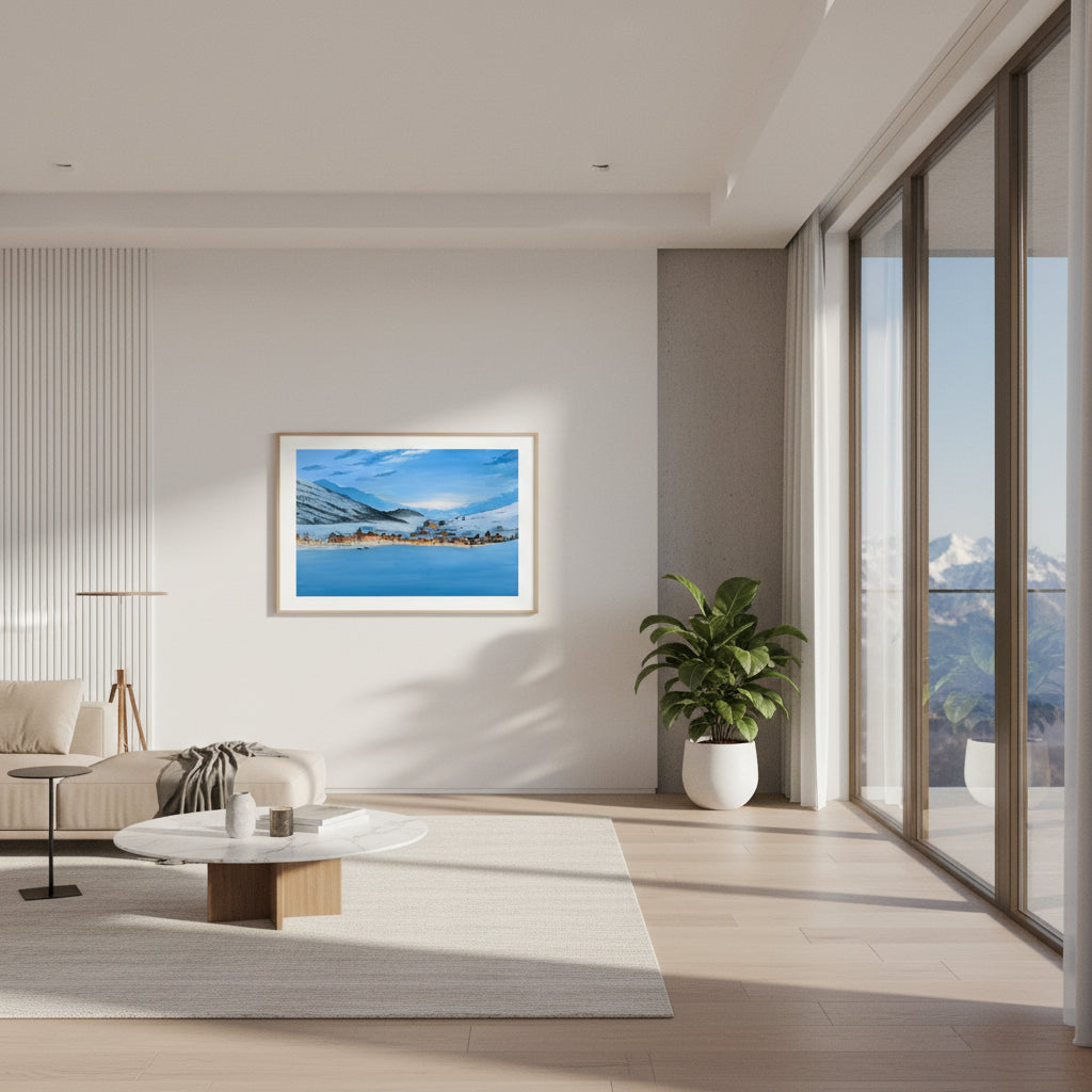 Winter Village Art Print • Snowy Valley Landscape • Glowing Houses Painting • Cozy Holiday Wall Decor  • Christmas Gift