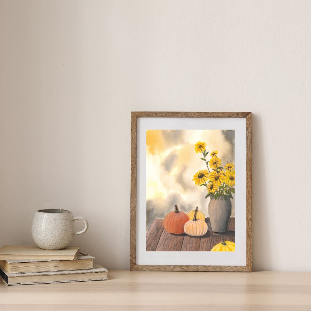Autumn Harvest Wall Art Print • Pumpkin and Sunflower Gouache Painting • Fall Farmhouse Decor • Thanksgiving Wall Art • Rustic Autumn Home Decor