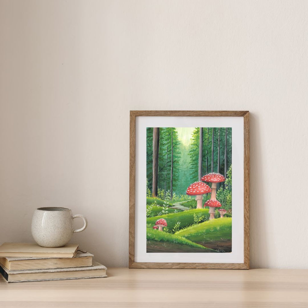 Red Mushroom Forest Wall Art Print – Cottagecore Fairycore Woodland Decor • Gouache Mushroom Illustration • Cozy Nature Wall Art • Fantasy Gift