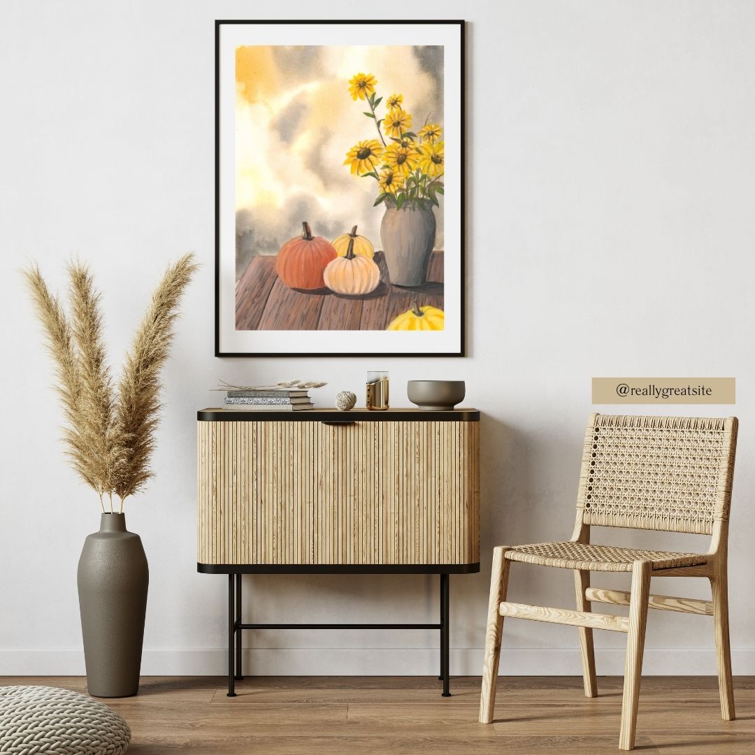 Autumn Harvest Wall Art Print • Pumpkin and Sunflower Gouache Painting • Fall Farmhouse Decor • Thanksgiving Wall Art • Rustic Autumn Home Decor