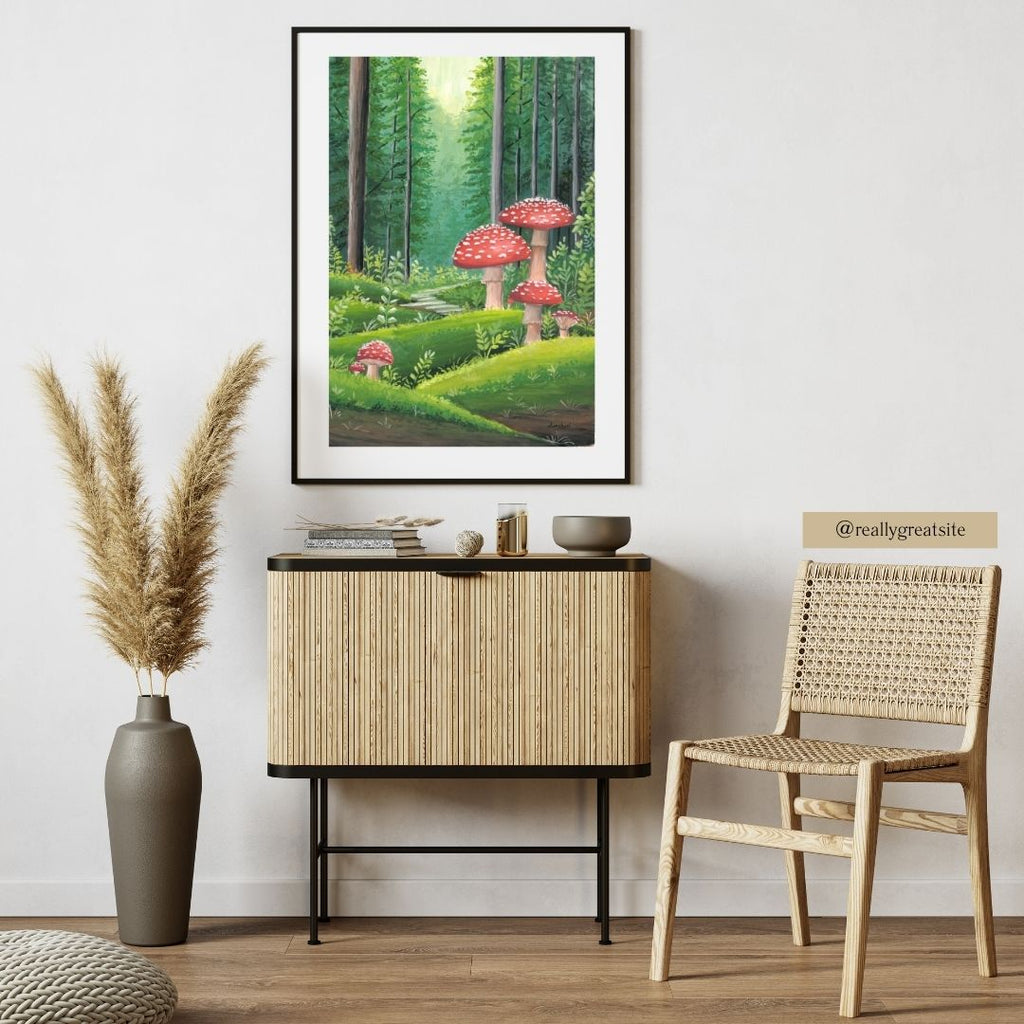 Red Mushroom Forest Wall Art Print – Cottagecore Fairycore Woodland Decor • Gouache Mushroom Illustration • Cozy Nature Wall Art • Fantasy Gift