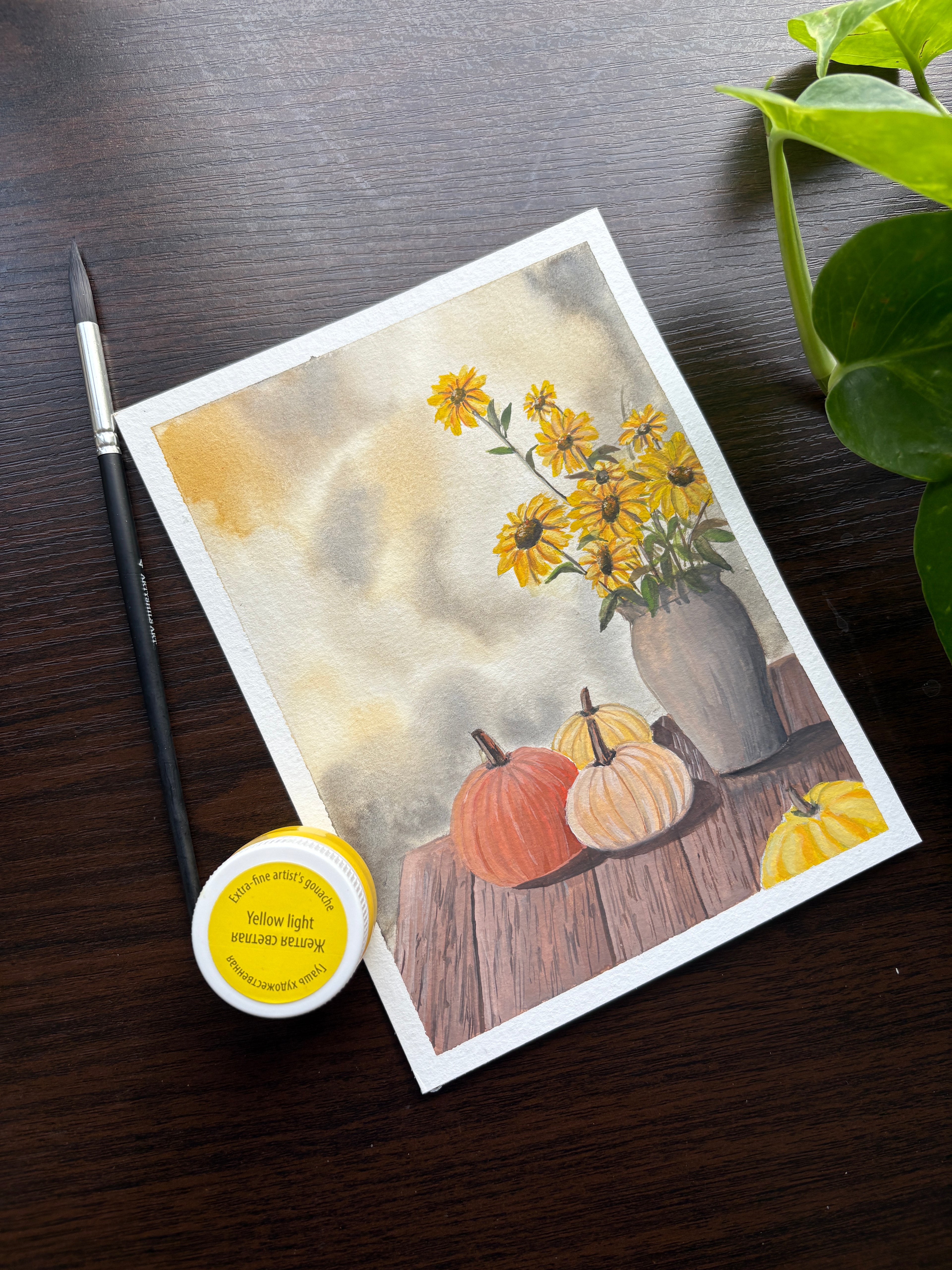 Original Autumn Harvest Gouache Painting | Pumpkins & Sunflowers Fall Wall Art