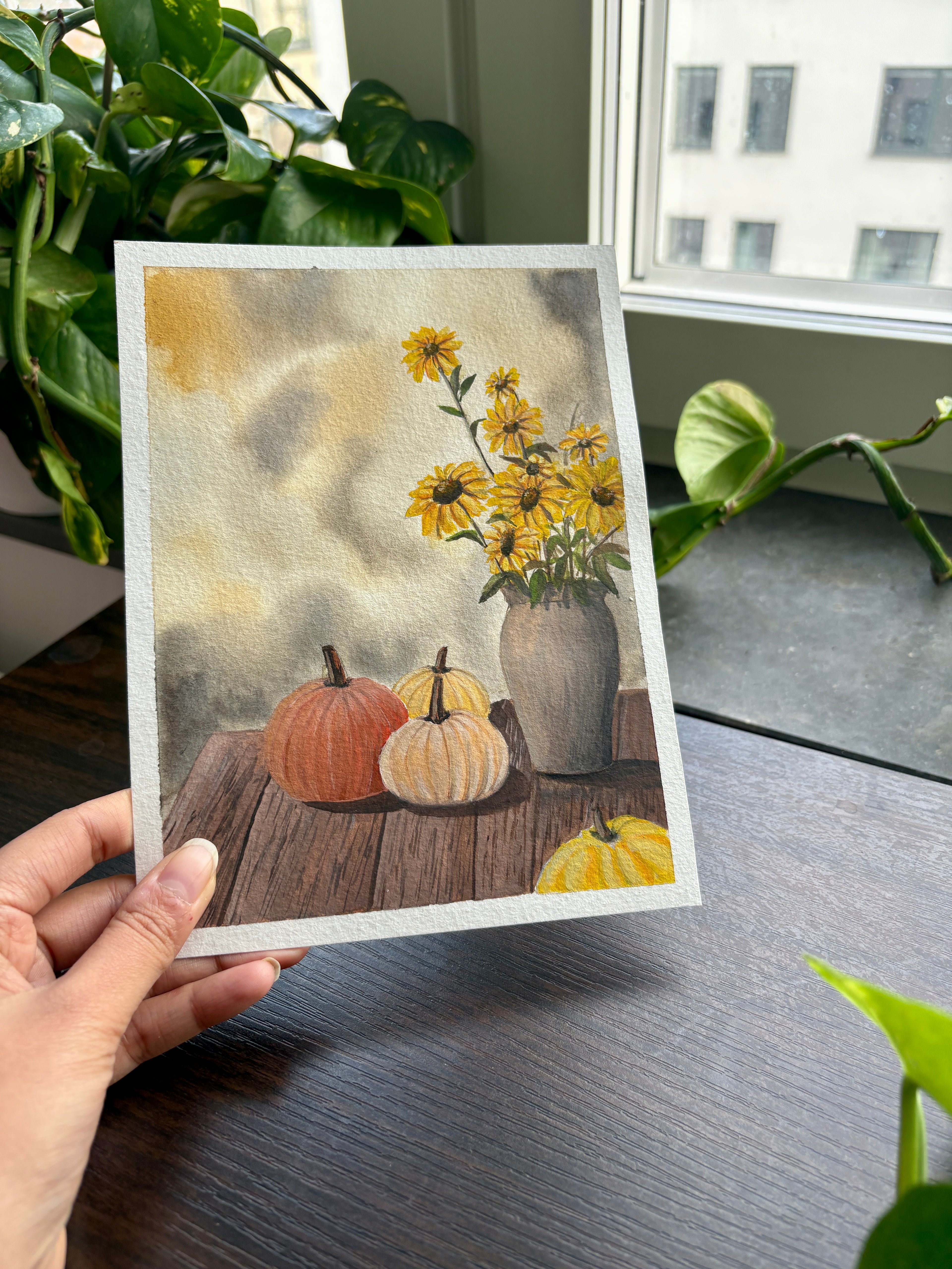 Original Autumn Harvest Gouache Painting | Pumpkins & Sunflowers Fall Wall Art