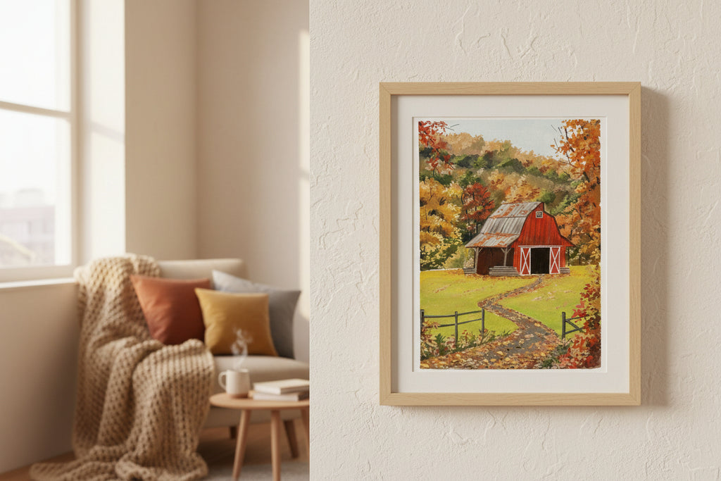 Original Autumn Cottage Gouache Painting | Cozy Fall Landscape Wall Art | Cottagecore Nature Art