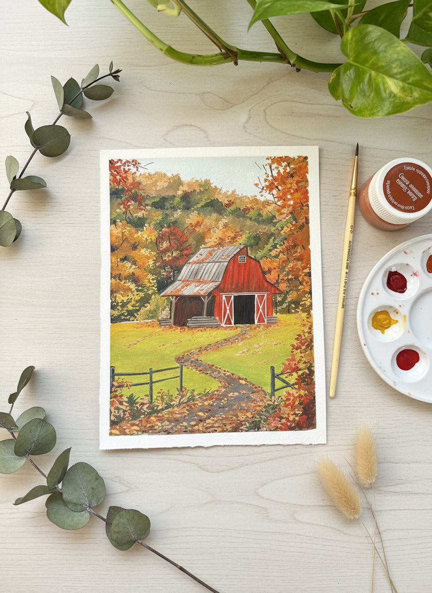 Original Autumn Cottage Gouache Painting | Cozy Fall Landscape Wall Art | Cottagecore Nature Art