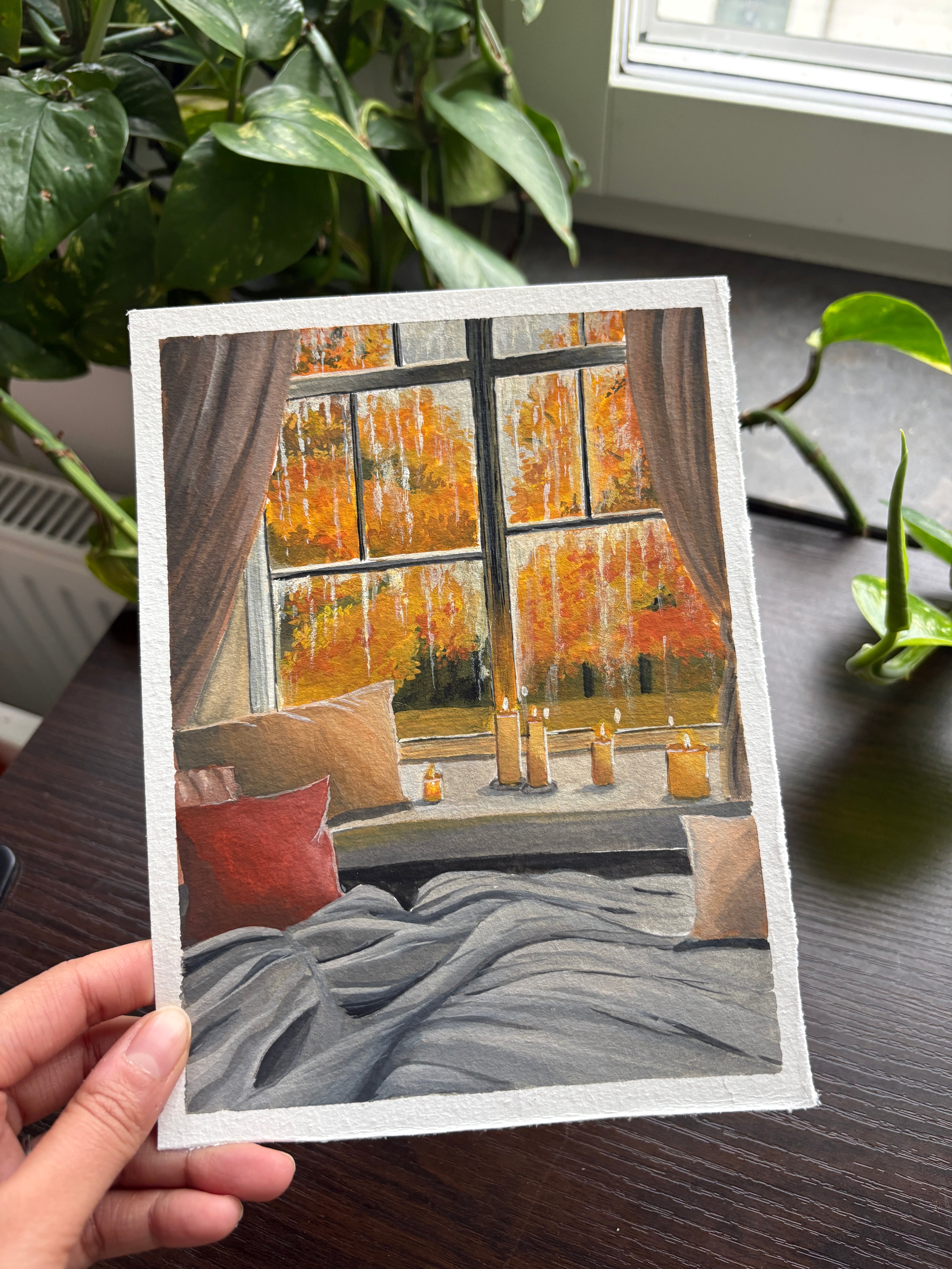 Original Cozy Autumn Window Gouache Painting | Hygge Fall Wall Art | Cottagecore Rainy Window Artwork