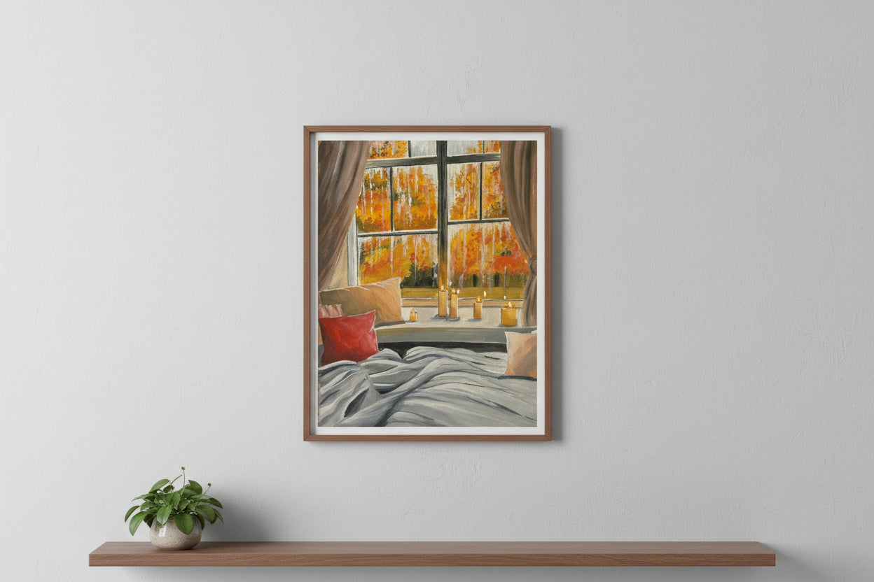 Original Cozy Autumn Window Gouache Painting | Hygge Fall Wall Art | Cottagecore Rainy Window Artwork