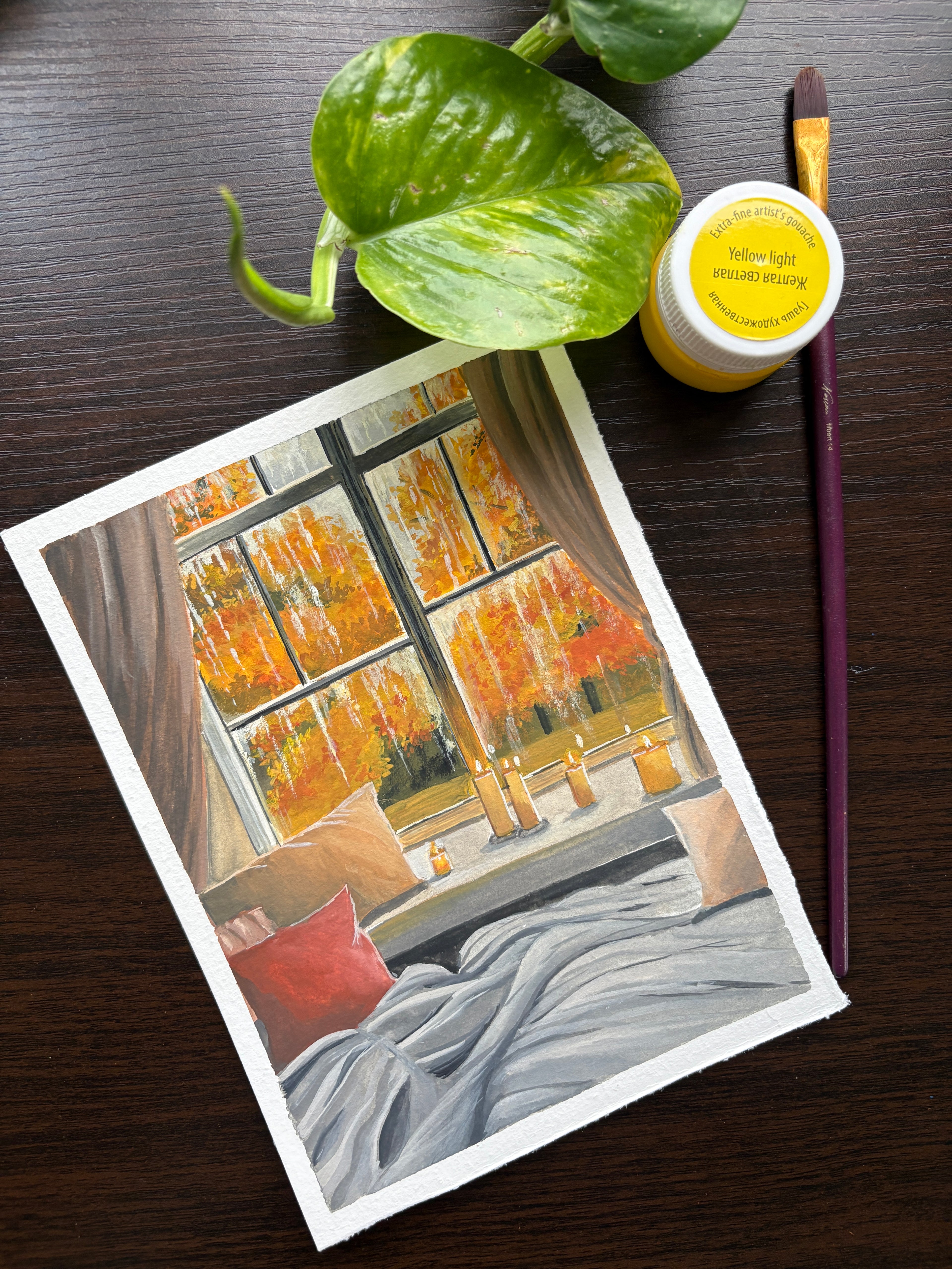 Original Cozy Autumn Window Gouache Painting | Hygge Fall Wall Art | Cottagecore Rainy Window Artwork