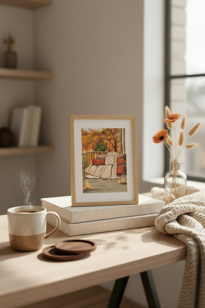Original Cozy Autumn Balcony Gouache Painting | Hygge Fall Wall Art | Cottagecore Autumn Home Decor