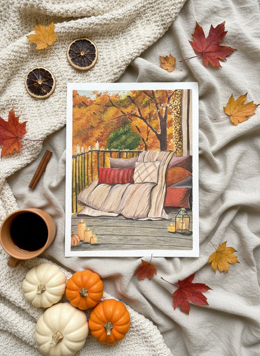 Original Cozy Autumn Balcony Gouache Painting | Hygge Fall Wall Art | Cottagecore Autumn Home Decor