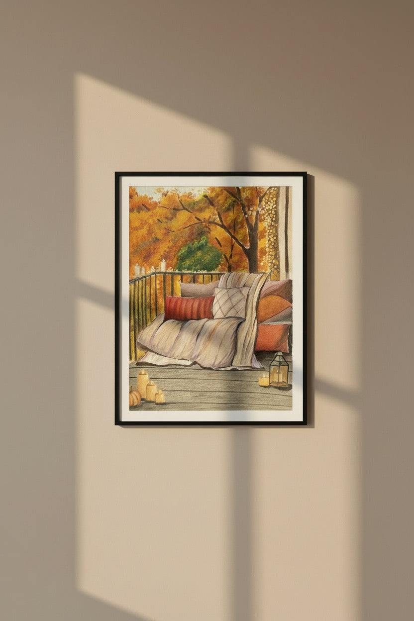 Original Cozy Autumn Balcony Gouache Painting | Hygge Fall Wall Art | Cottagecore Autumn Home Decor