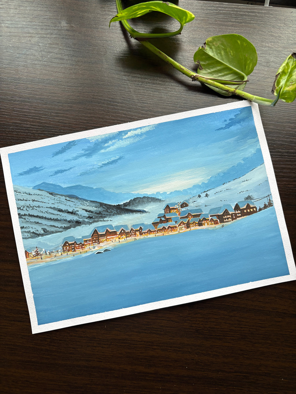 Snowy Winter Village Gouache Landscape Painting • Cozy Winter Wall Decor • Holiday Christmas Gift