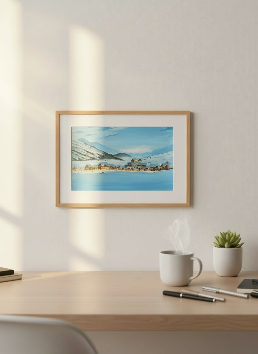 Snowy Winter Village Gouache Landscape Painting • Cozy Winter Wall Decor • Holiday Christmas Gift