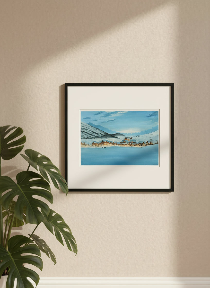 Snowy Winter Village Gouache Landscape Painting • Cozy Winter Wall Decor • Holiday Christmas Gift