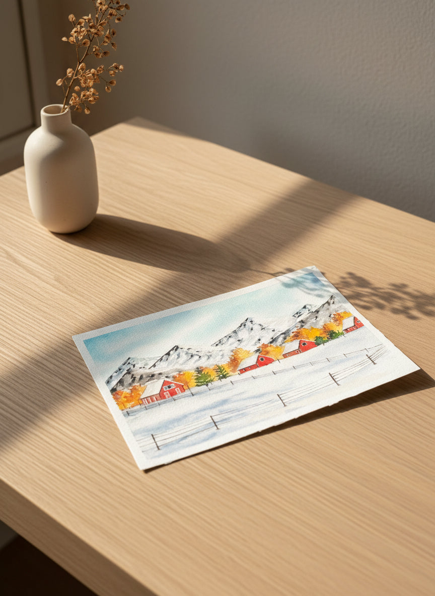 Original Snowy Winter Landscape Watercolor Painting – Cottage & Mountain Artwork • Serene Nature Wall Art • Handmade Winter Decor