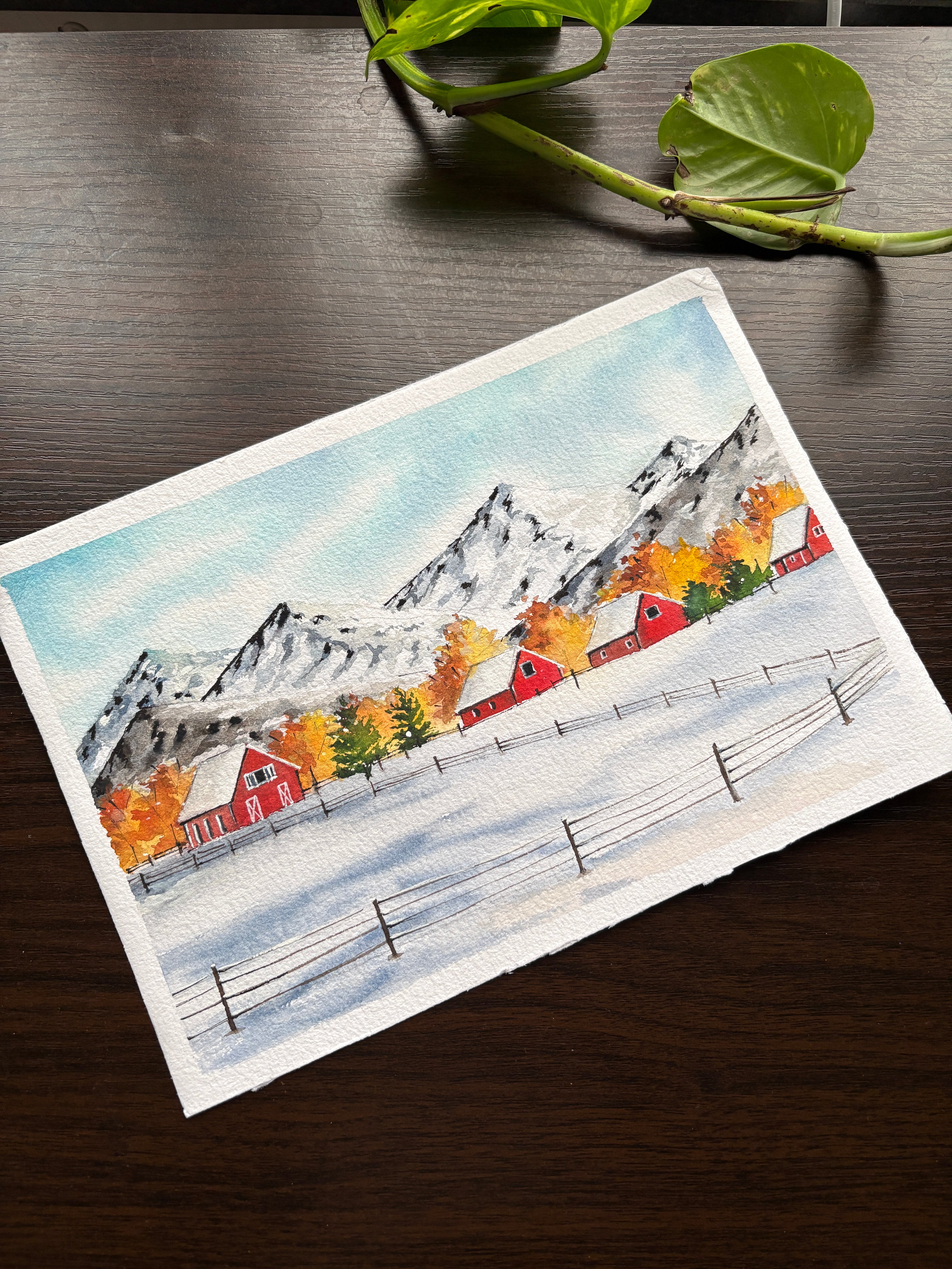 Original Snowy Winter Landscape Watercolor Painting – Cottage & Mountain Artwork • Serene Nature Wall Art • Handmade Winter Decor