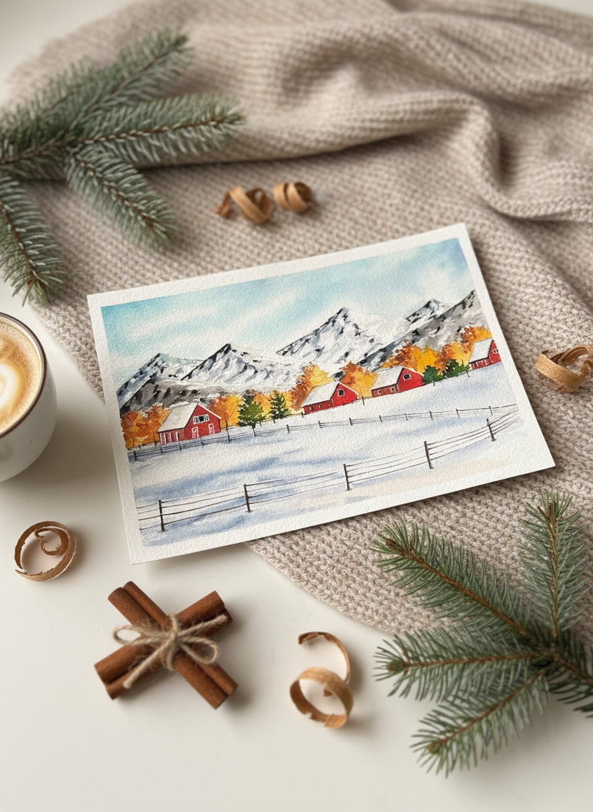 Original Snowy Winter Landscape Watercolor Painting – Cottage & Mountain Artwork • Serene Nature Wall Art • Handmade Winter Decor