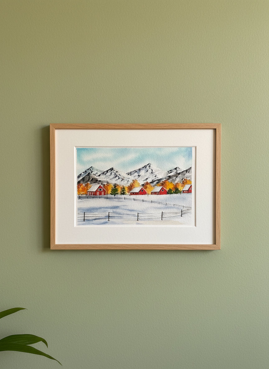 Original Snowy Winter Landscape Watercolor Painting – Cottage & Mountain Artwork • Serene Nature Wall Art • Handmade Winter Decor