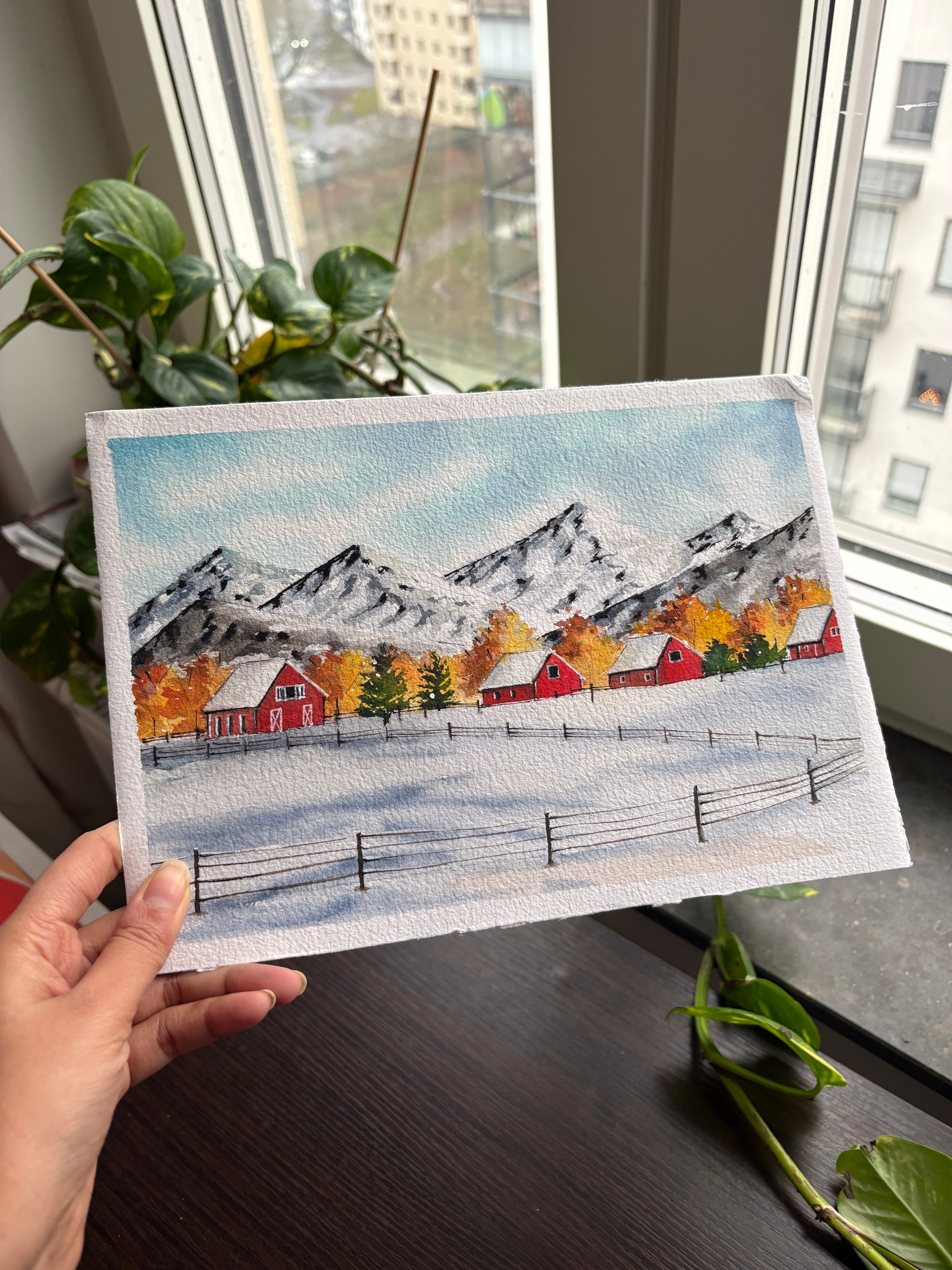 Original Snowy Winter Landscape Watercolor Painting – Cottage & Mountain Artwork • Serene Nature Wall Art • Handmade Winter Decor