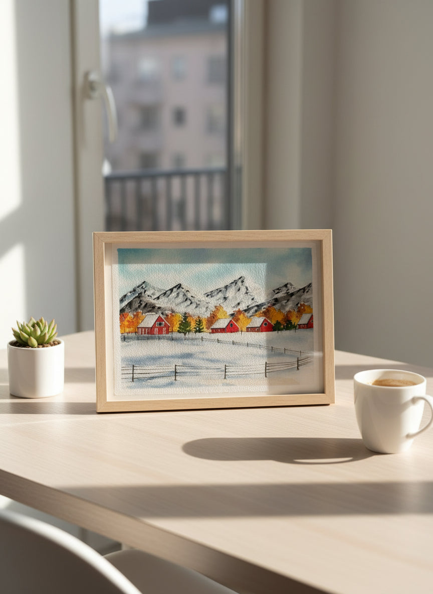 Original Snowy Winter Landscape Watercolor Painting – Cottage & Mountain Artwork • Serene Nature Wall Art • Handmade Winter Decor