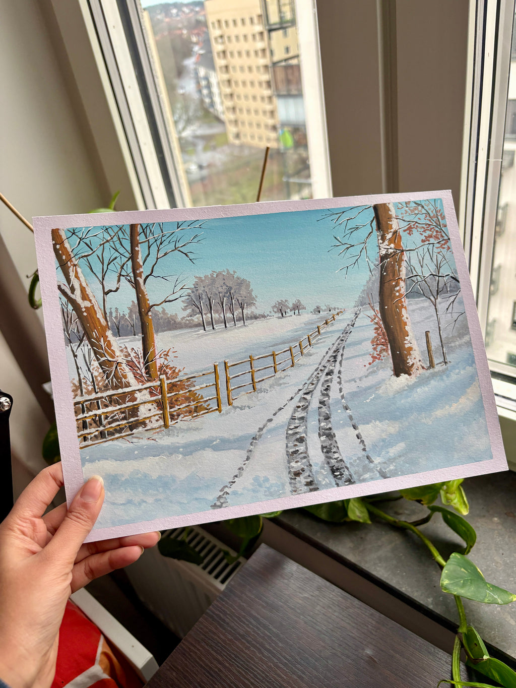 Snowy Winter Landscape Original Painting • Minimalist Winter Gouache Art • Scandinavian Cozy Home Decor • Holiday Gift