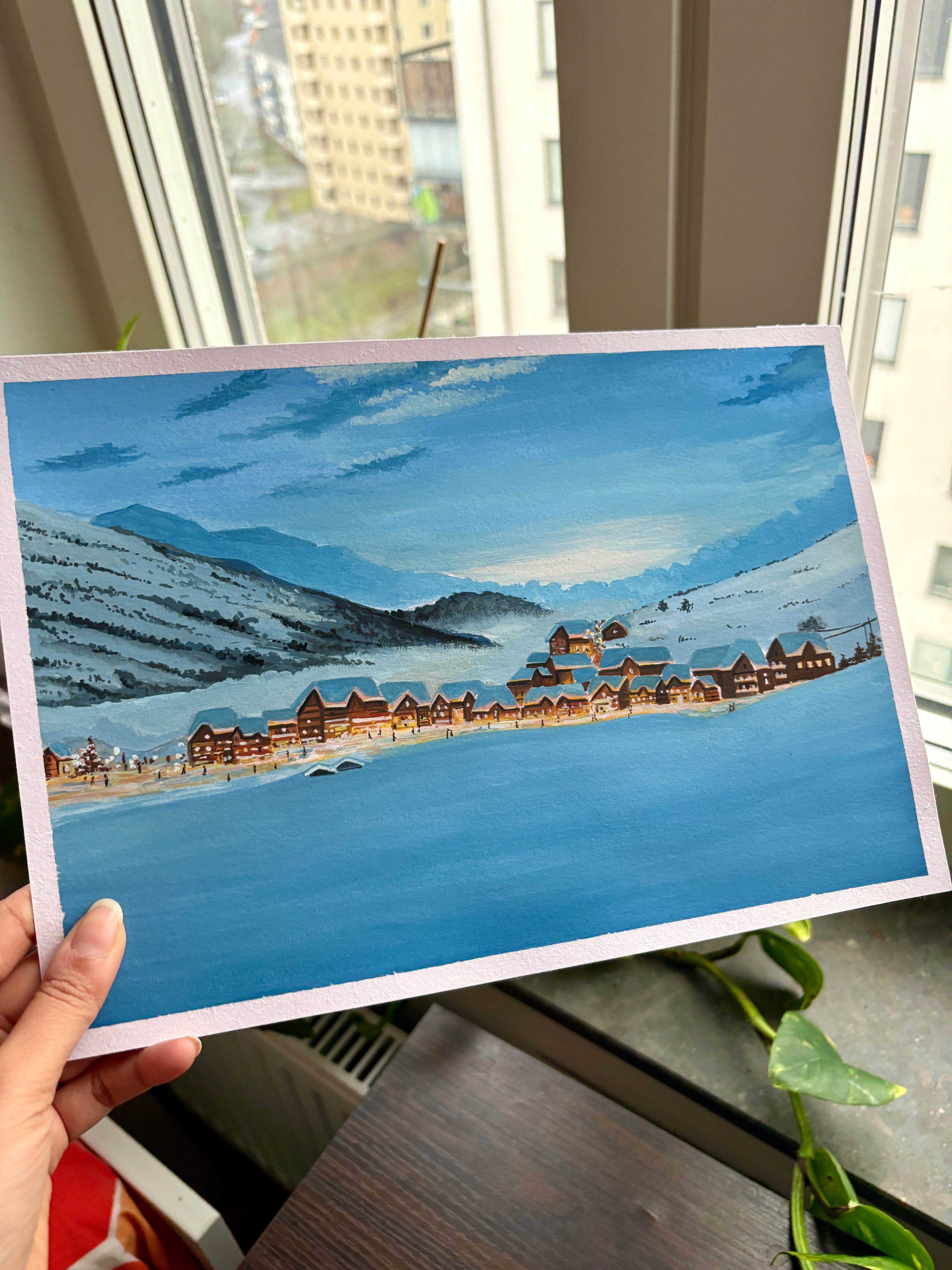 Snowy Winter Village Gouache Landscape Painting • Cozy Winter Wall Decor • Holiday Christmas Gift