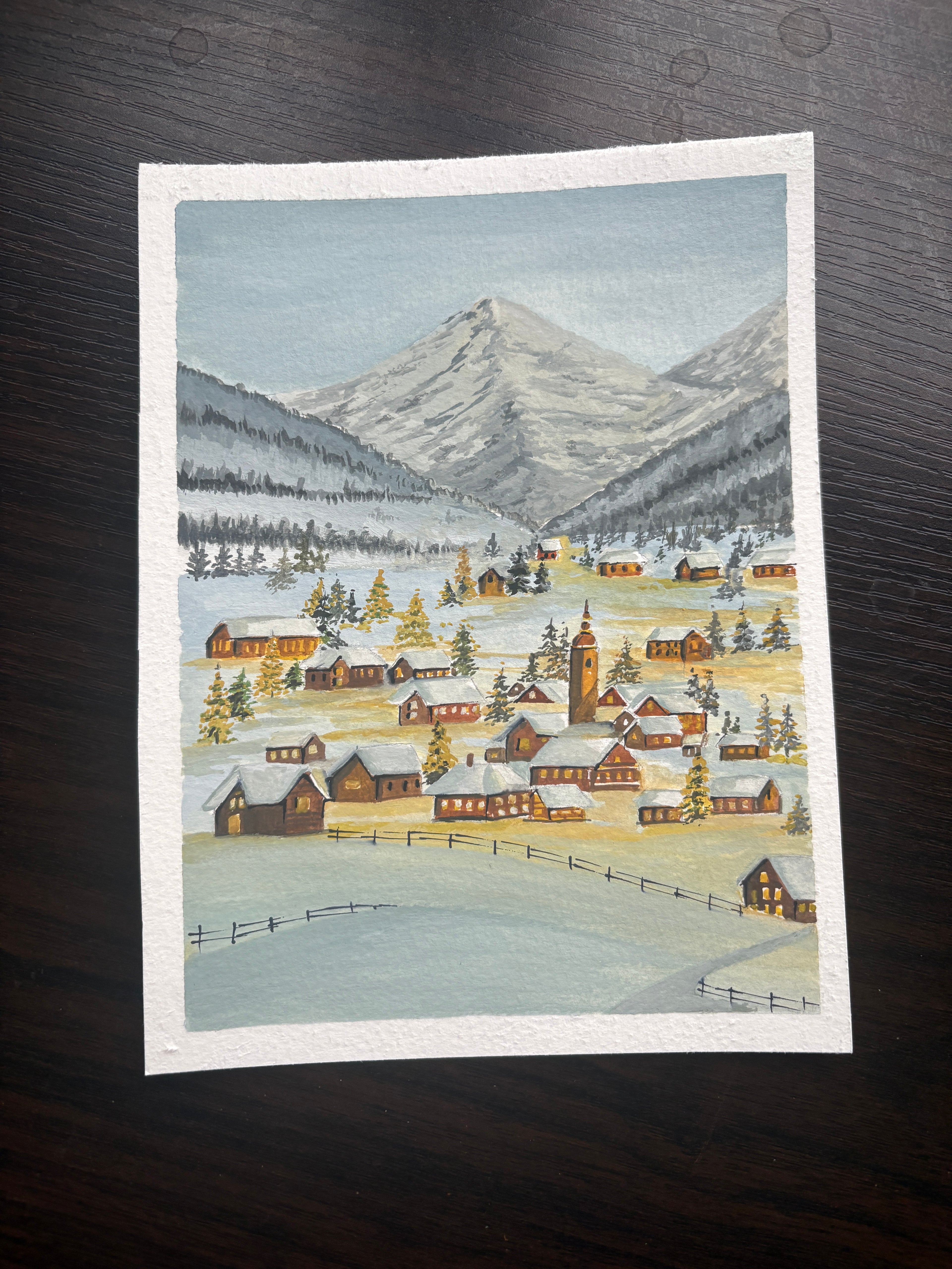 Original Winter Village Gouache Painting | Snowy Alpine Mountain Art | Cozy Christmas Holiday Wall Decor