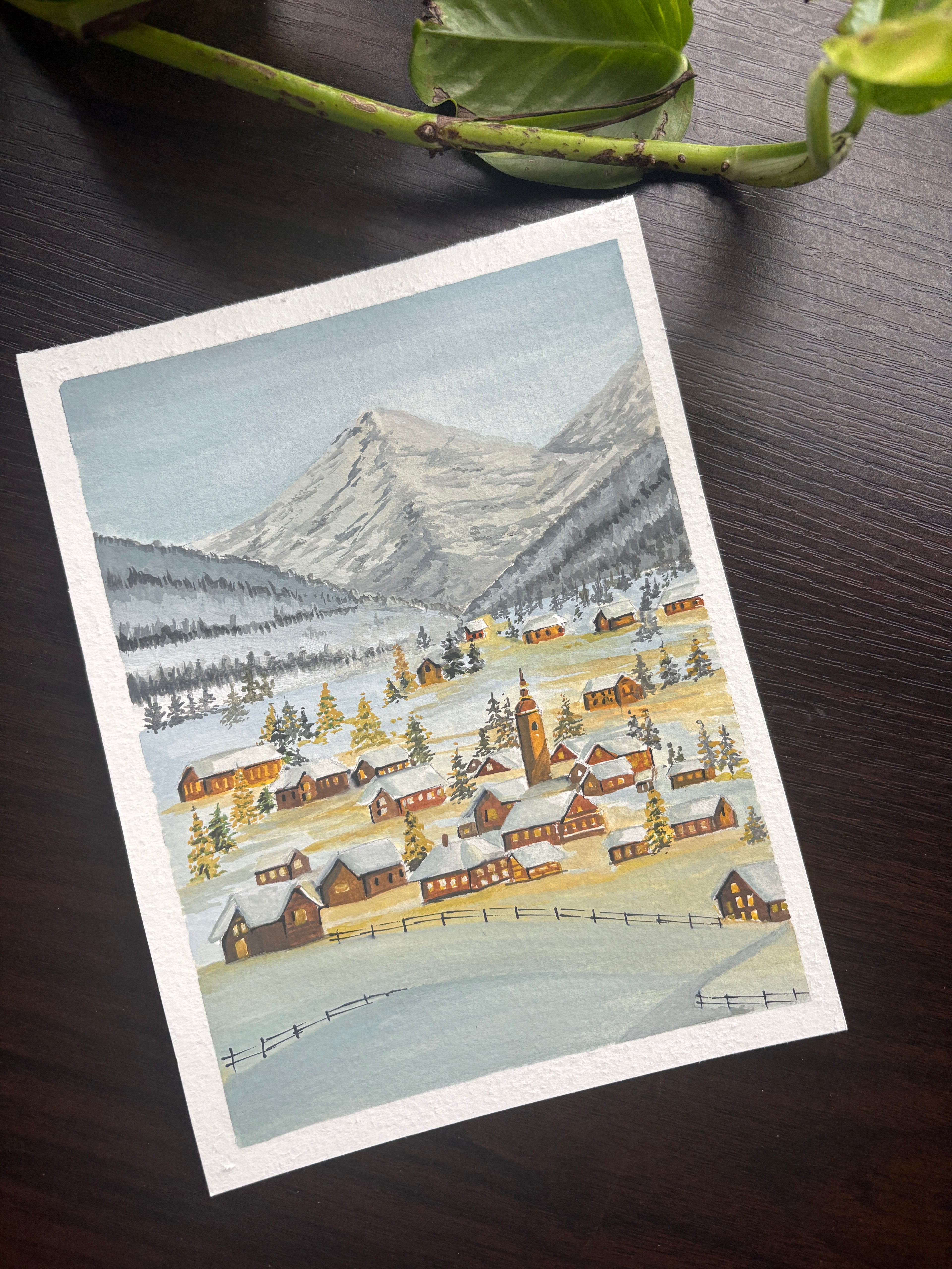 Original Winter Village Gouache Painting | Snowy Alpine Mountain Art | Cozy Christmas Holiday Wall Decor