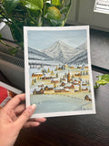 Original Winter Village Gouache Painting | Snowy Alpine Mountain Art | Cozy Christmas Holiday Wall Decor