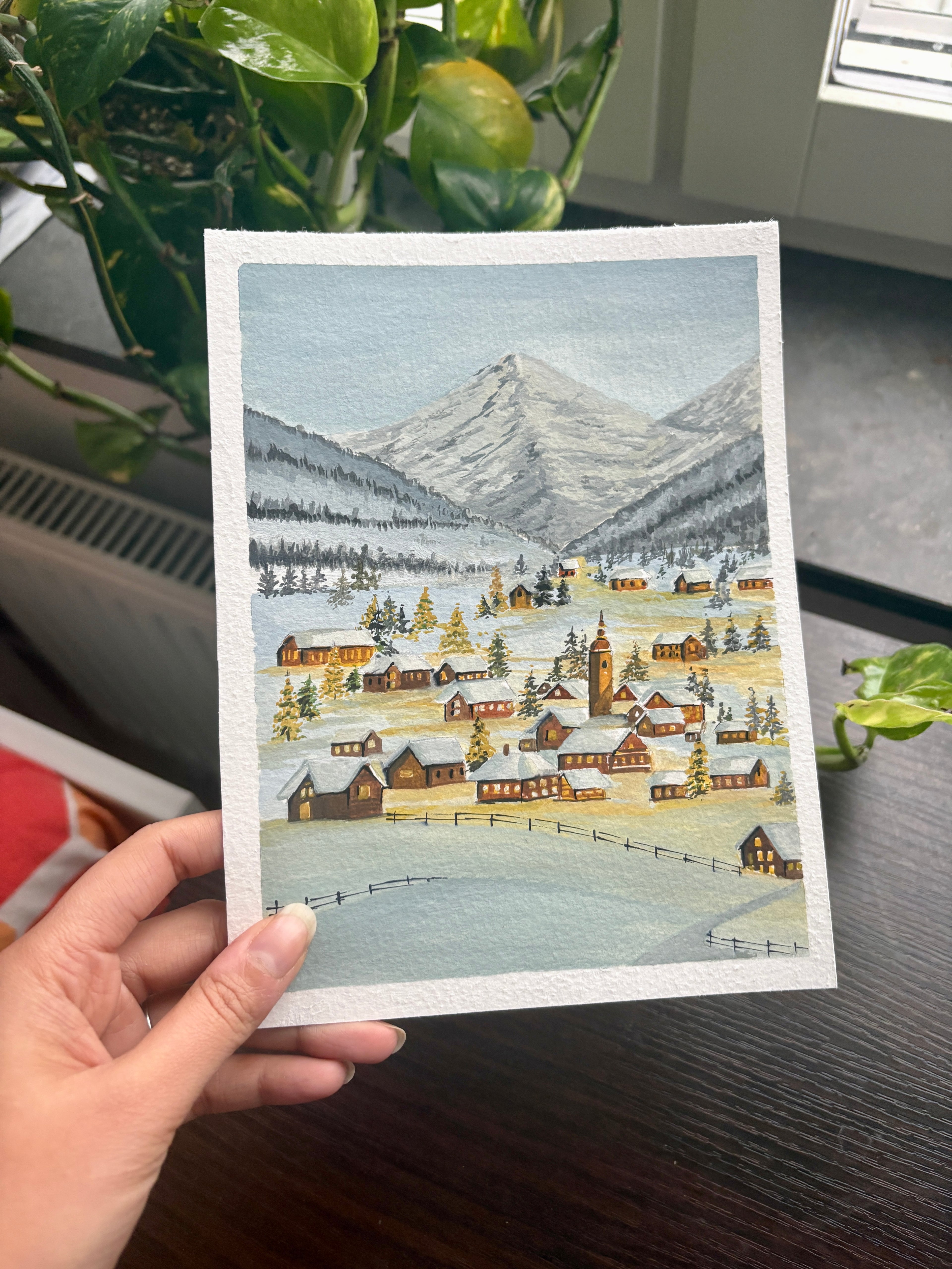 Original Winter Village Gouache Painting | Snowy Alpine Mountain Art | Cozy Christmas Holiday Wall Decor