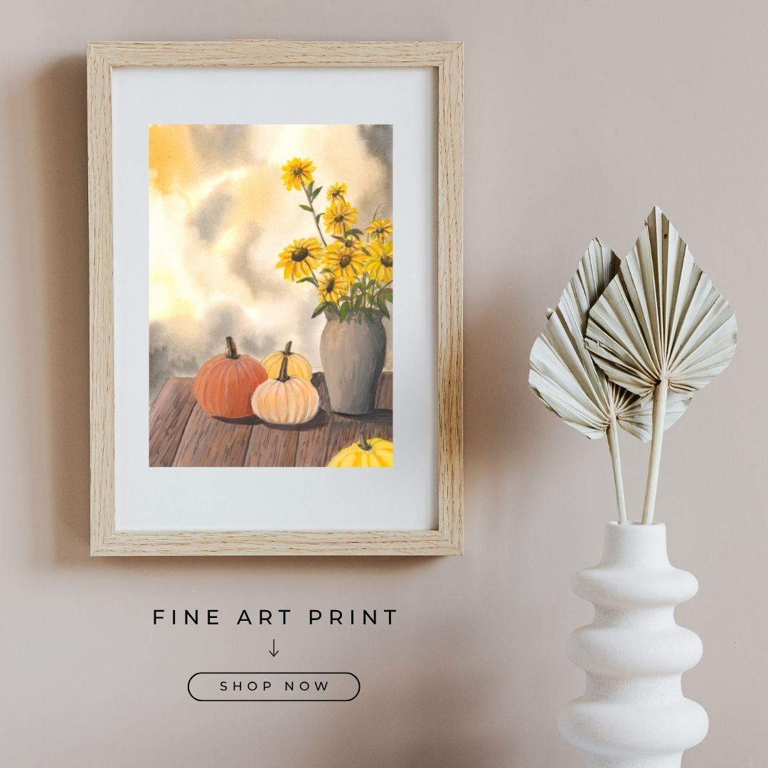Autumn Harvest Wall Art Print • Pumpkin and Sunflower Gouache Painting • Fall Farmhouse Decor • Thanksgiving Wall Art • Rustic Autumn Home Decor