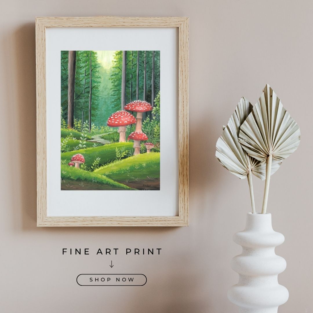 Red Mushroom Forest Wall Art Print – Cottagecore Fairycore Woodland Decor • Gouache Mushroom Illustration • Cozy Nature Wall Art • Fantasy Gift