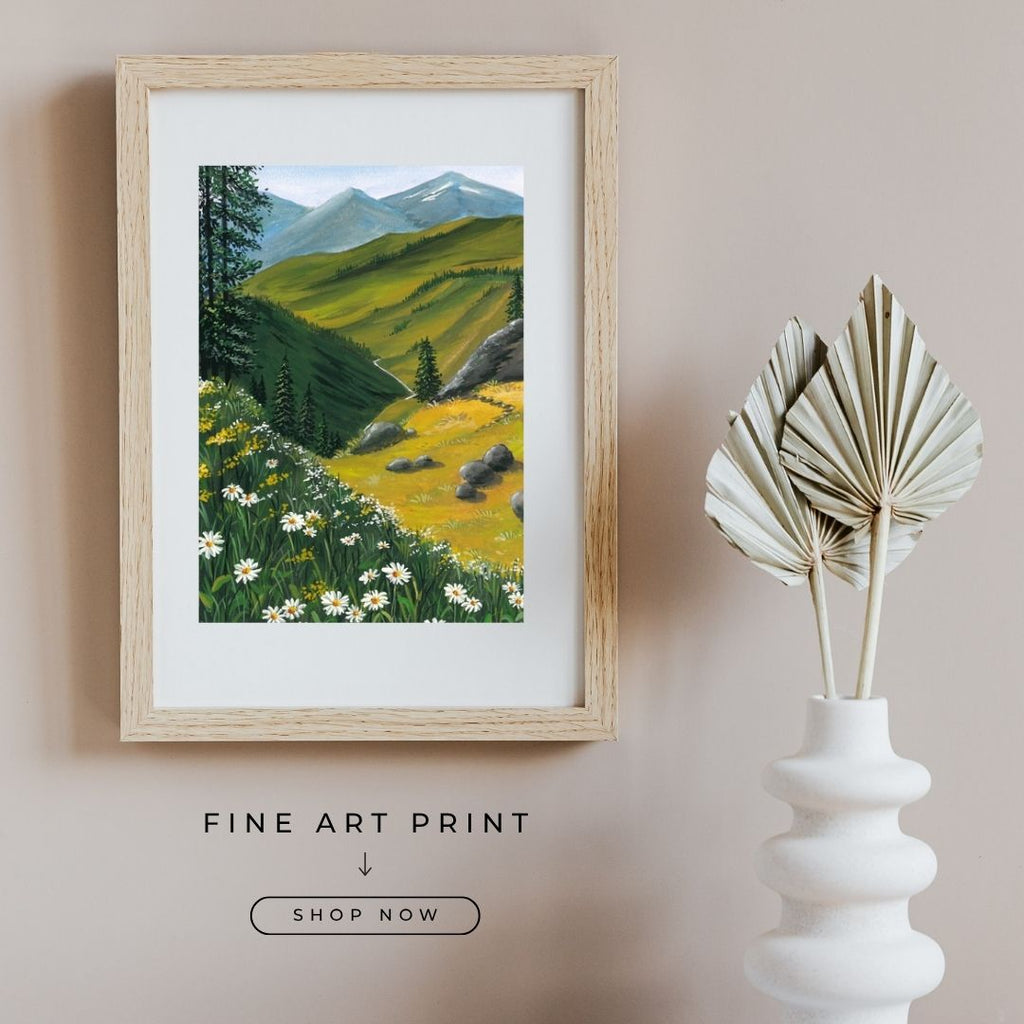 Daisy Field Mountain Art Print • Wildflower Meadow Wall Art • Summer & Spring Landscape Painting • Botanical Nature Decor • Cheerful Home Art