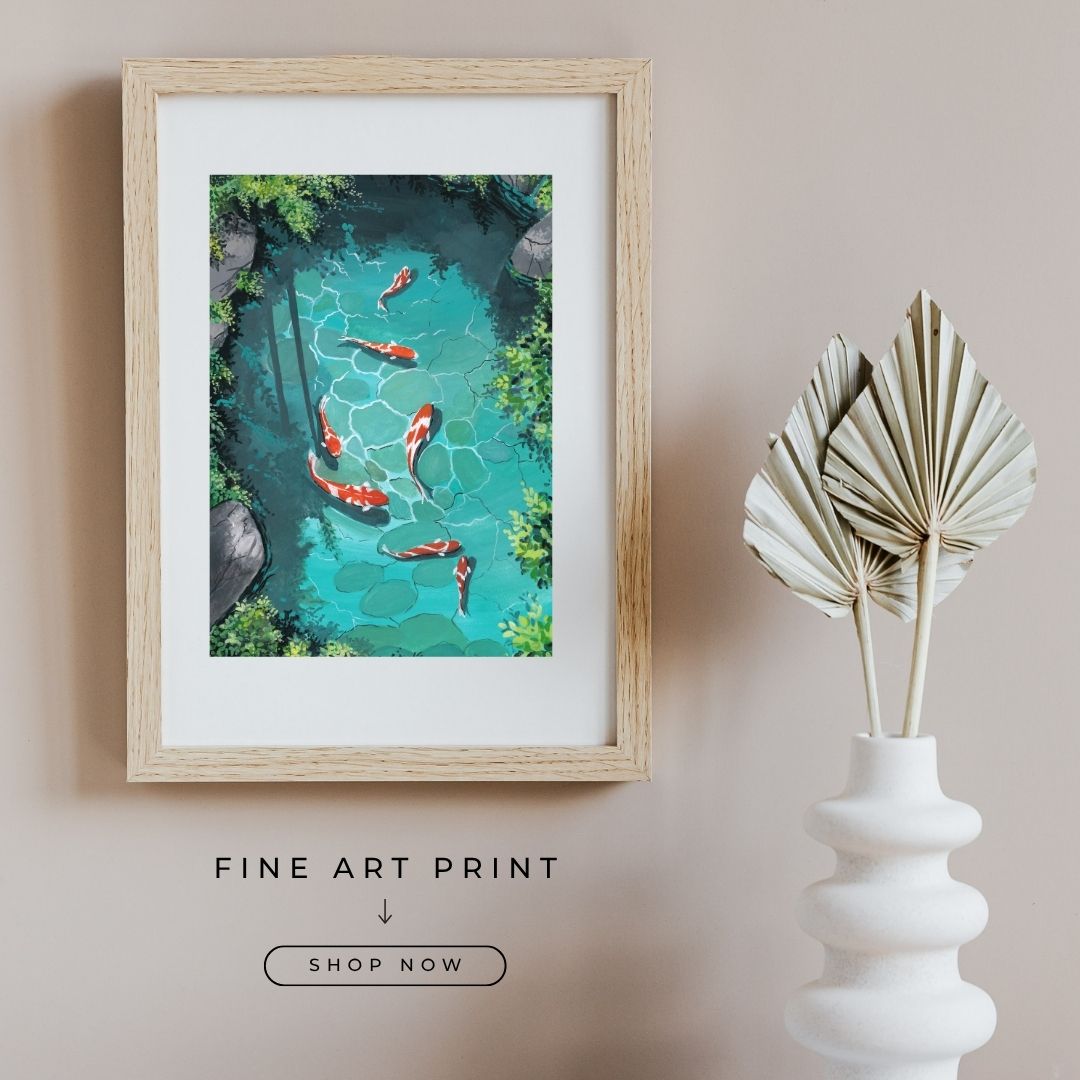 Koi Fish Pond Wall Art Print • Japanese Zen Decor • Serene Nature Illustration • Gouache Koi Painting • Peaceful Meditation Wall Art