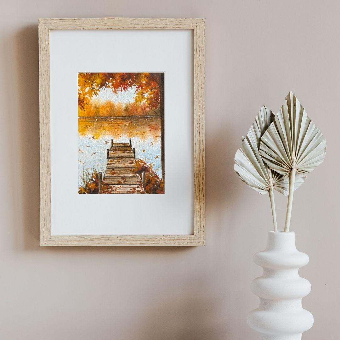Original Watercolor Autumn Pier Painting • Lakeside Fall Art • Handmade Home decor • Holiday Gift