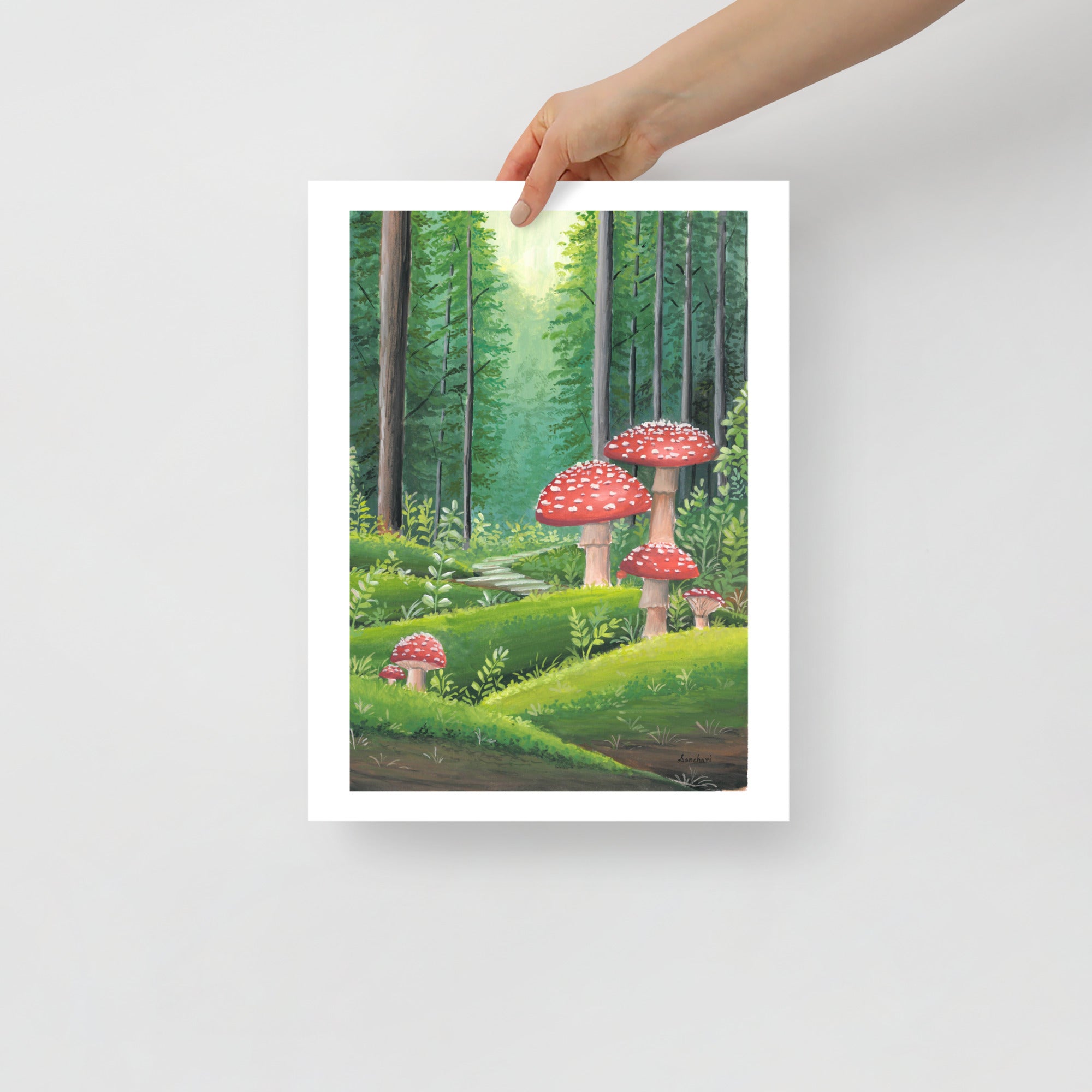 Red Mushroom Forest Wall Art Print – Cottagecore Fairycore Woodland Decor • Gouache Mushroom Illustration • Cozy Nature Wall Art • Fantasy Gift
