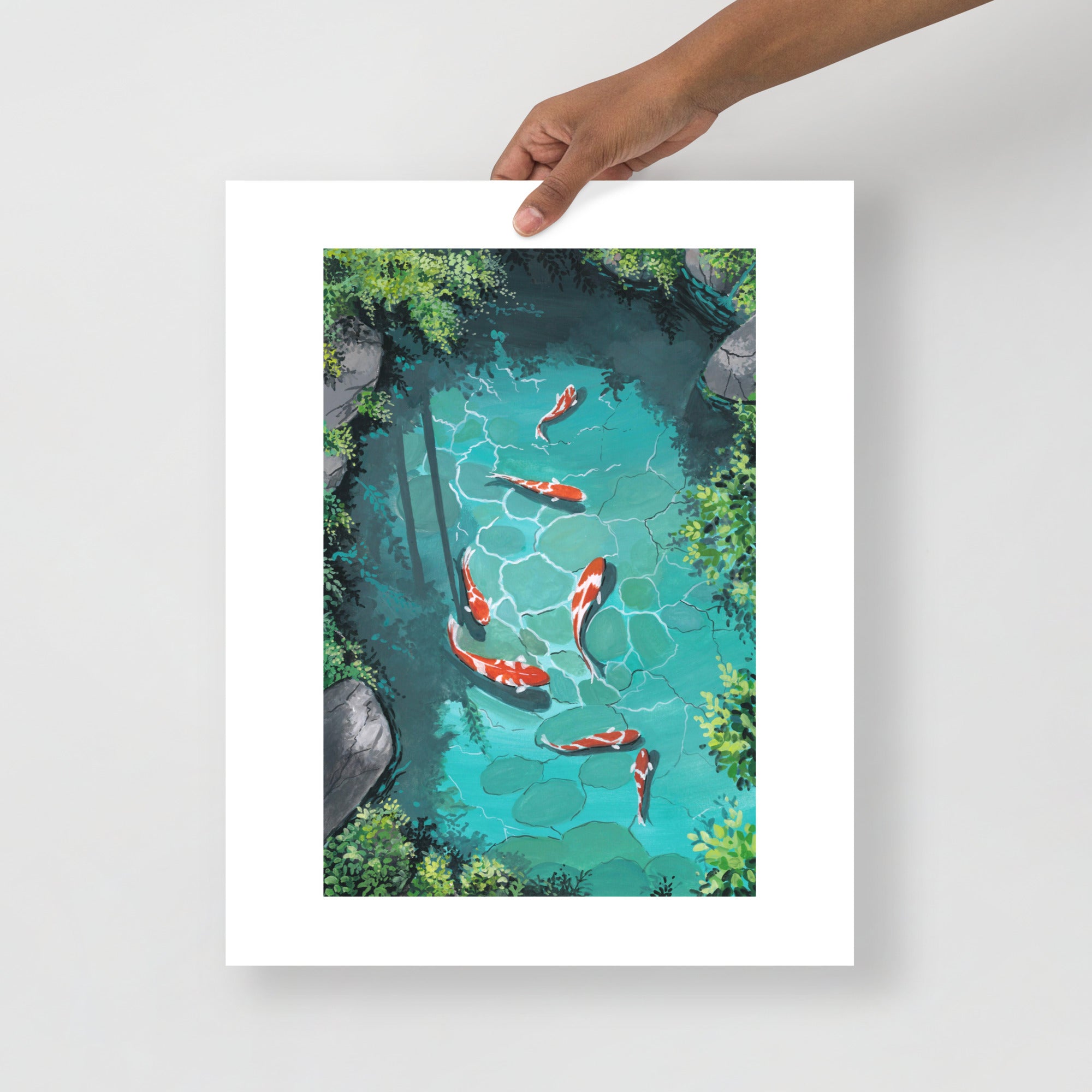 Koi Fish Pond Wall Art Print • Japanese Zen Decor • Serene Nature Illustration • Gouache Koi Painting • Peaceful Meditation Wall Art