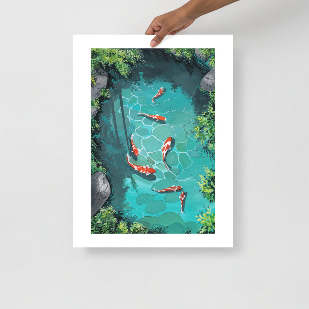 Koi Fish Pond Wall Art Print • Japanese Zen Decor • Serene Nature Illustration • Gouache Koi Painting • Peaceful Meditation Wall Art